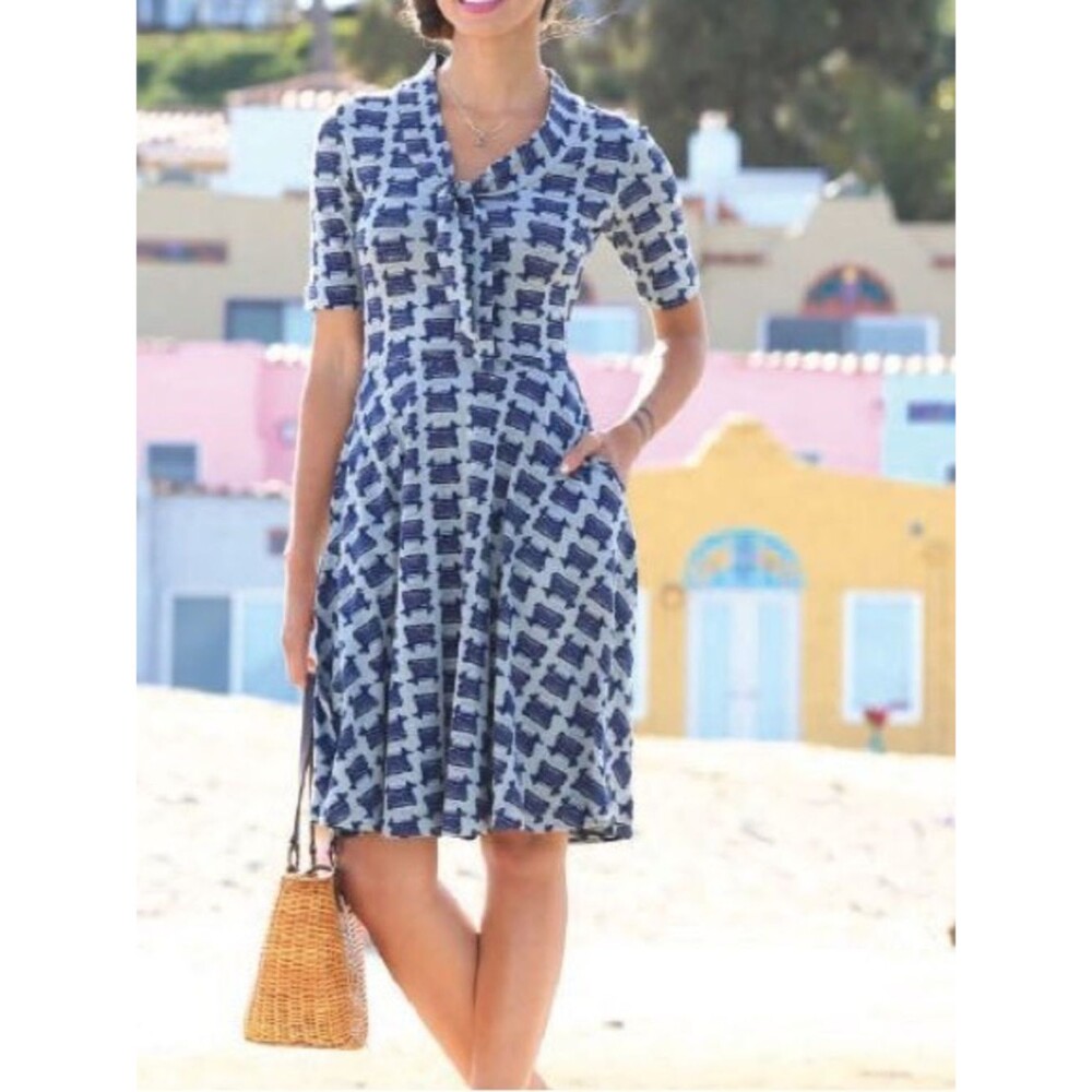 Effie's Heart Gray/ Blue Liz Typewriter Print Retro Fit-and-Flare Dress Medium